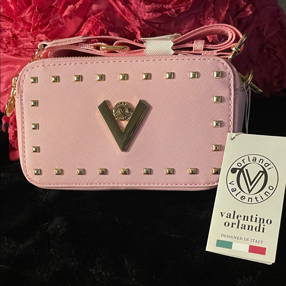 Valentino Orlandi Light Pink Studded Crossbody with Gold V Logo